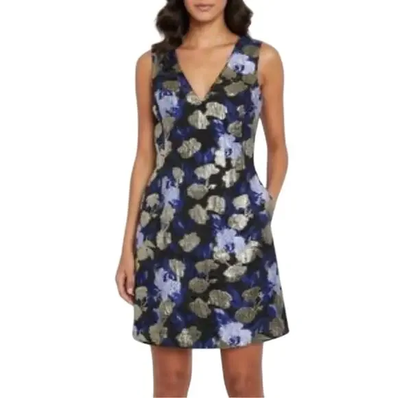 Badgley Mischka Metallic Floral Print A-Line Cocktail Dress Blue Multi Size 12 - Picture 1 of 13